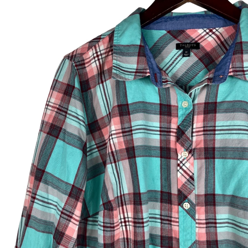Talbots 1X 16 18 Top Shirt Button Down Blouse Plaid Teal Pink Long Slv.